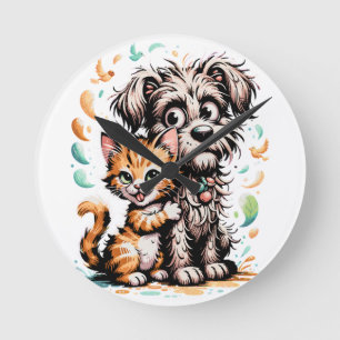 ✨Cute Dog and Cat Friendship Cartoon Design Round Clock