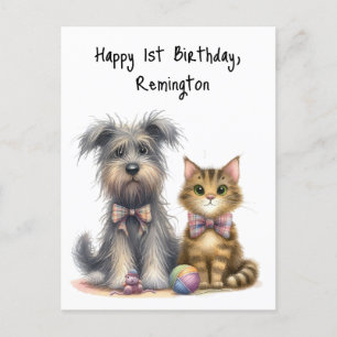 Cute Dog and Cat Happy 1st Birthday Personalised Postcard