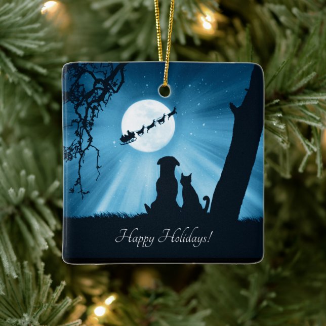 Cute Dog and Cat Happy Holidays Chistmas Ceramic Ornament (Tree)