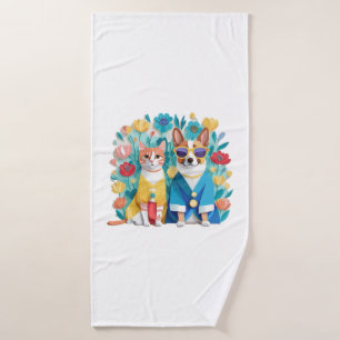 Cute dog and cat newlyweds wearing Korean hanbok. Bath Towel
