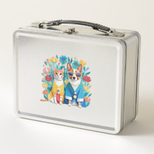Cute dog and cat newlyweds wearing Korean hanbok. Metal Lunch Box