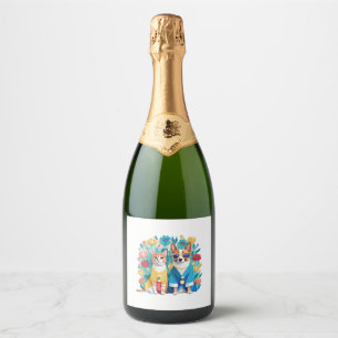 Cute dog and cat newlyweds wearing Korean hanbok. Sparkling Wine Label