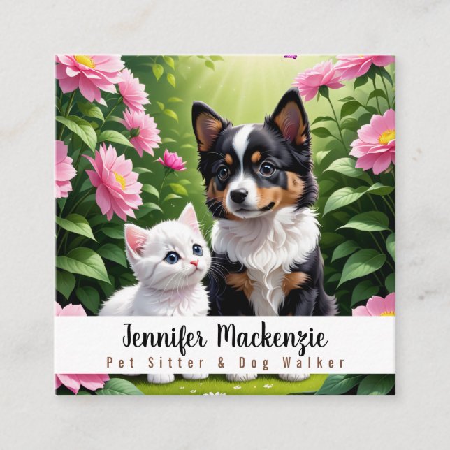 Cute Dog and Cat Pet Sitter and Dog Walker Square Business Card (Front)