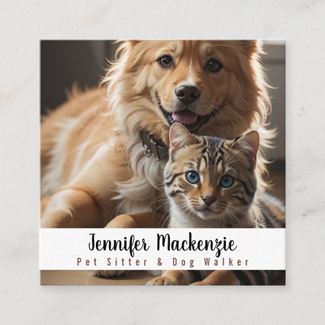 Cute Dog and Cat Pet Sitter and Dog Walker Square Business Card (Front)