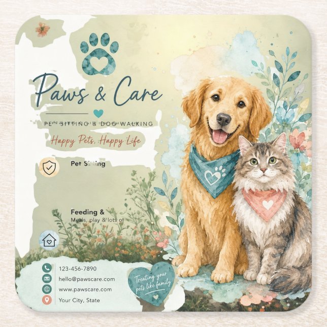 Cute Dog And Cat Pet Sitter Dog Walker   Square Paper Coaster (Front)