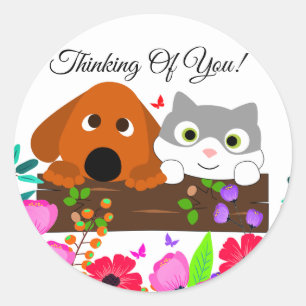 Cute Dog And Cat With Flowers And Butterfly Classic Round Sticker