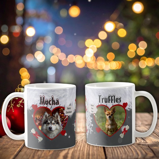 Cute Dog and Coffee Lovers 2 Photo Christmas Mug (Cute dog lovers 2 photo template gift personalized Christmas mugs with names and holiday bones)