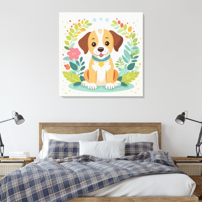 Cute Dog And Colorful Flowers Kids Canvas Print (Insitu(Bedroom))