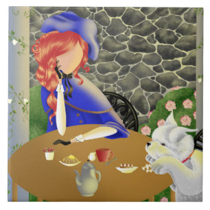 Cute Dog and Lady in cafe at sunset Tile