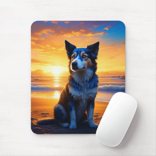 Cute Dog at Sunset Serene Ocean Beach Mouse Mat (With Mouse)