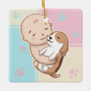 Cute Dog & Baby Illustration Art Ceramic Ornament