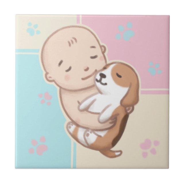 Cute Dog & Baby Illustration Art Tile (Front)