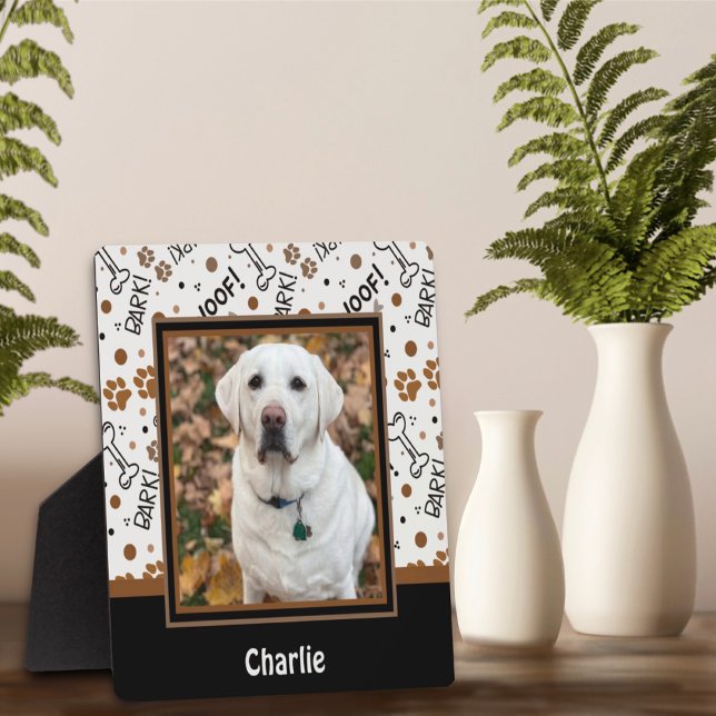 Cute Dog Bark Bones Photo Customised Name Plaque (Creator Uploaded)