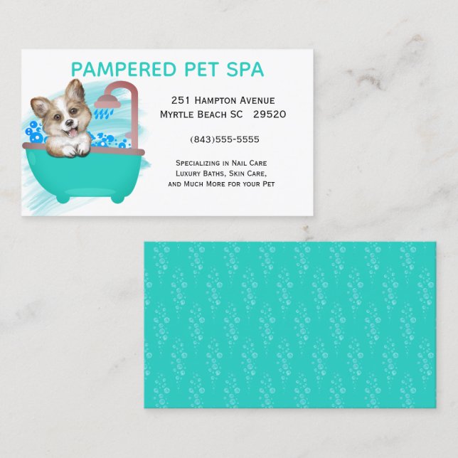 Cute Dog Bath Green Pet Groomer Business Card (Front/Back)