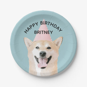 Cute Dog Birthday Kawaii Smiling Shibu Inu Blue Paper Plate