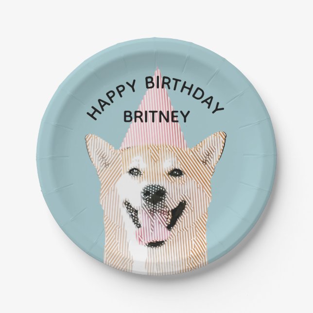 Cute Dog Birthday Kawaii Smiling Shibu Inu Blue Paper Plate (Front)