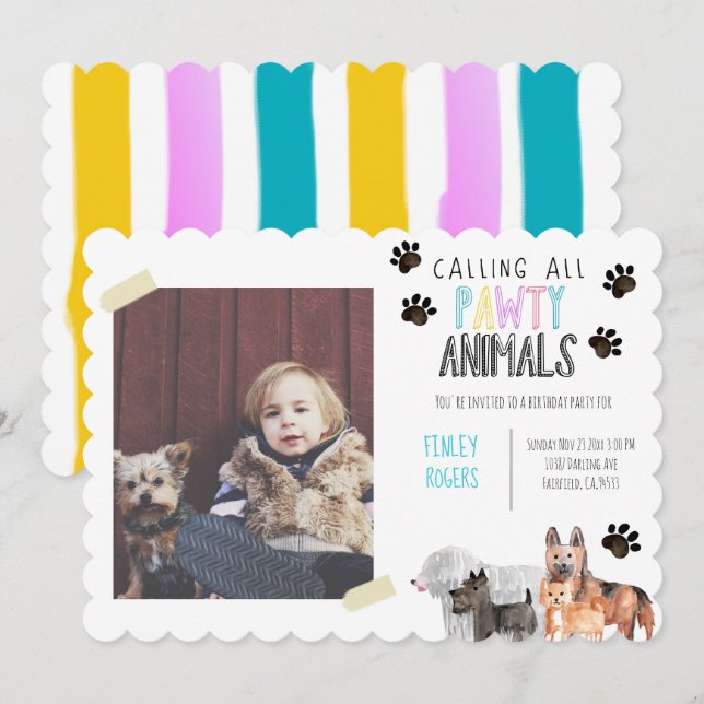Cute dog birthday party animal kid party invite (Front/Back)