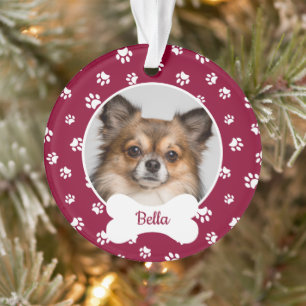 Cute Dog Bone Name Year Red and White Paw Prints Ornament