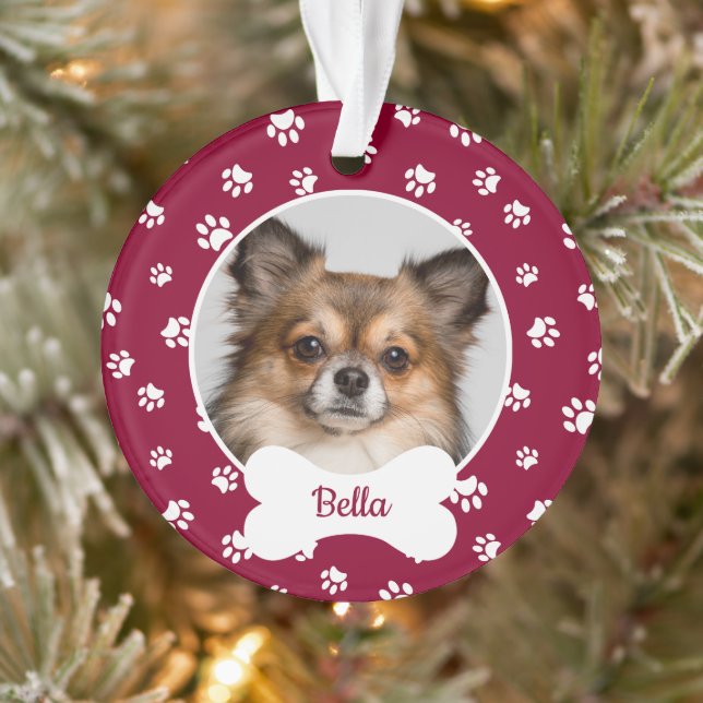 Cute Dog Bone Name Year Red and White Paw Prints Ornament (Tree)