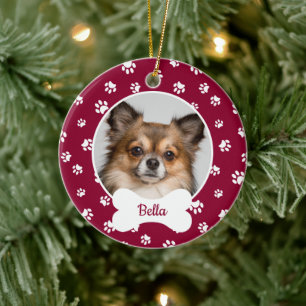 Cute Dog Bone Name Year Red & White Paw Prints Ceramic Tree Decoration