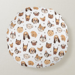 Cute Dog Breeds Pattern Round Cushion