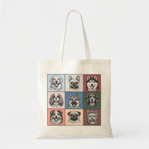 Cute Dog Breeds Pop Art Sketch Grid Collage Tote Bag
