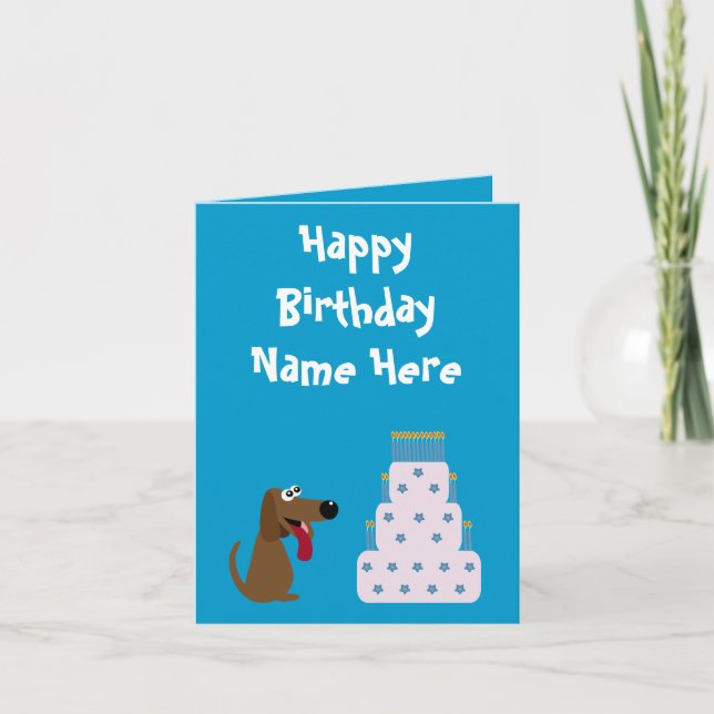 Cute Dog & Cake Birthday Animal Charity Blue Card (Front)