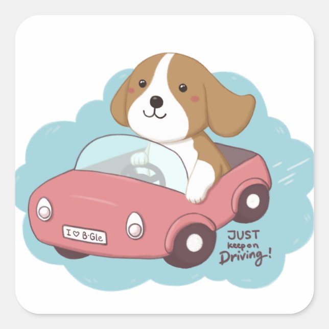 Cute Dog & Car Illustration Square Sticker (Front)