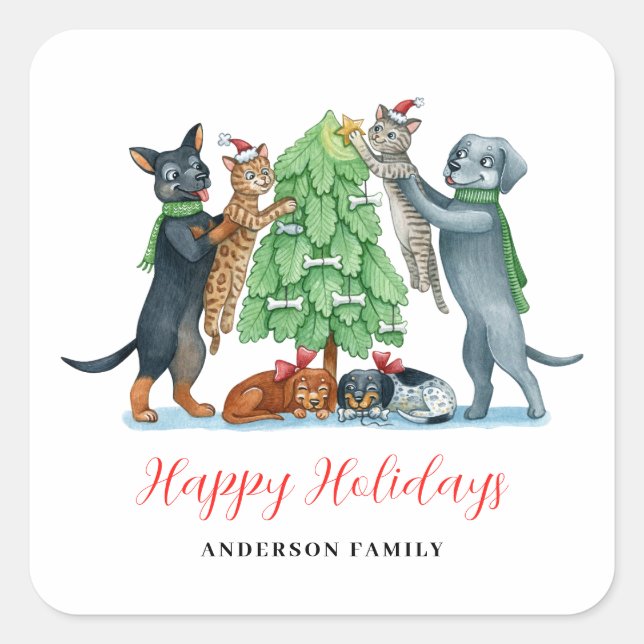 Cute Dog Cat Christmas Square Sticker (Front)