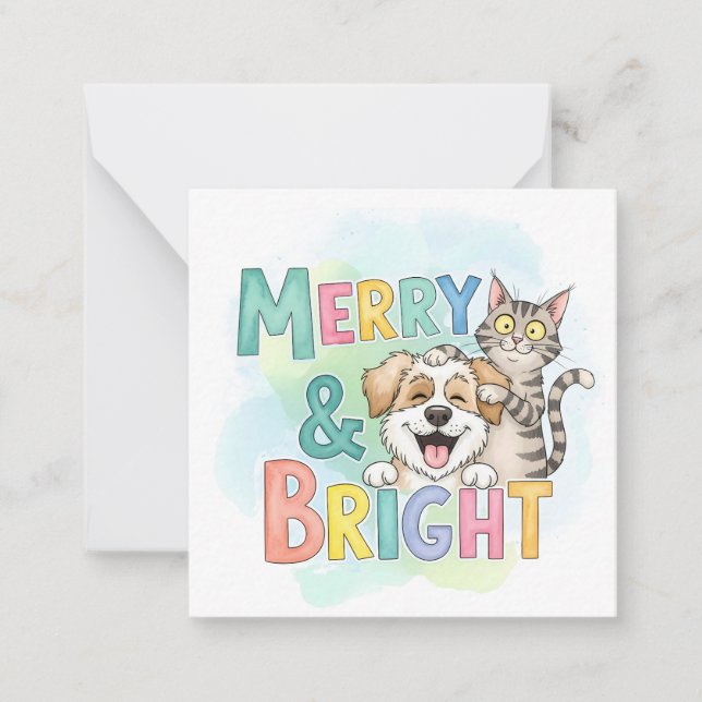 Cute Dog & Cat Merry & Bright  Card (Front)