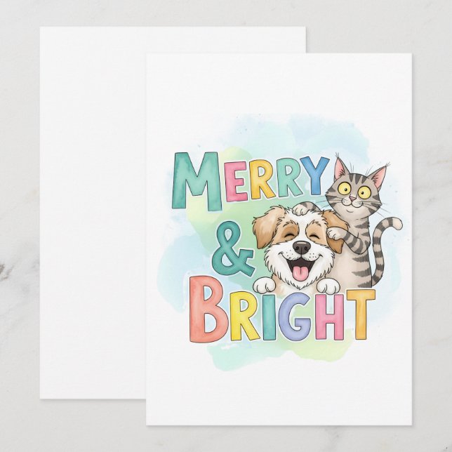Cute Dog & Cat Merry & Bright  Holiday Card (Front/Back)