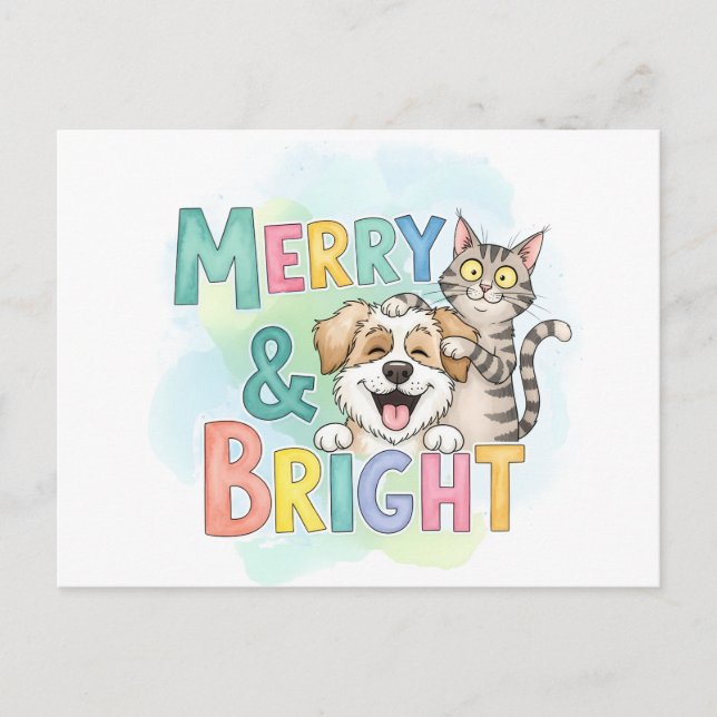 Cute Dog & Cat Merry & Bright  Holiday Postcard (Front)