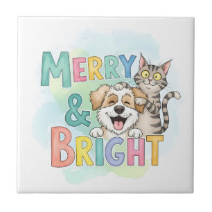 Cute Dog & Cat Merry & Bright Tile