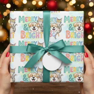 Cute Dog & Cat Merry & Bright Wrapping Paper