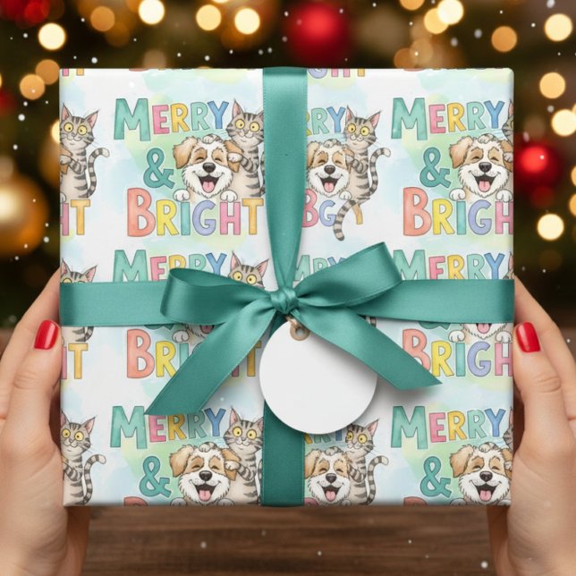 Cute Dog & Cat Merry & Bright  Wrapping Paper (Creator Uploaded)