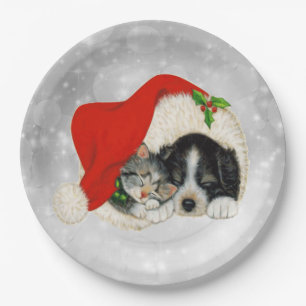 Cute Dog Cat Santa Cap Christmas Paper Plate