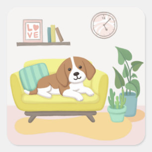 Cute Dog, Chair & Plants Illustration Art Square Sticker