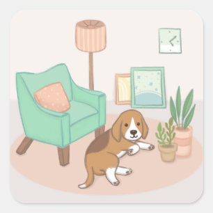 Cute Dog, Chair, Plants, & More Illustration Art Square Sticker
