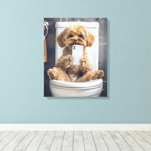 Cute Dog Checking Phone in Bathroom Toilet Canvas Print