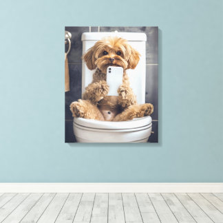 Cute Dog Checking Phone in Bathroom Toilet Canvas Print