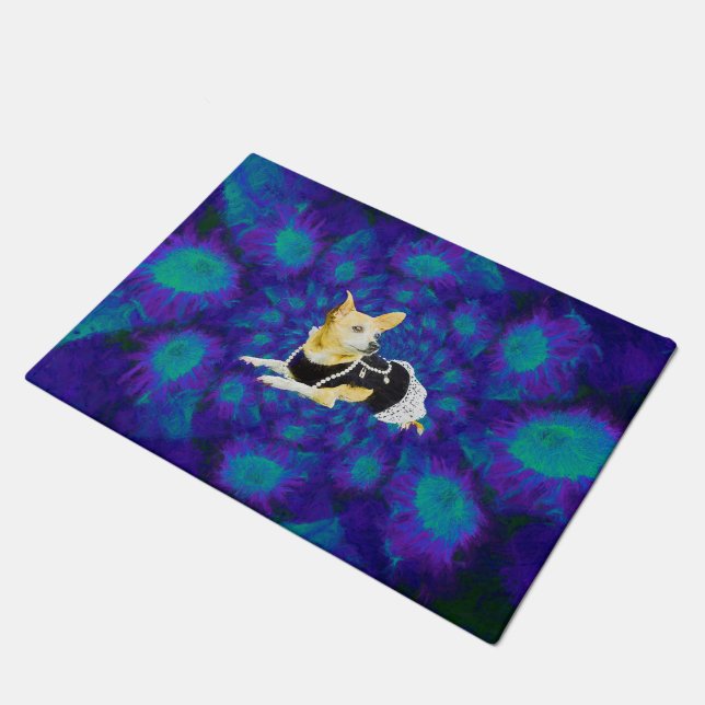 Cute Dog Chihuahua Purple Blue Floral Doormat (Angled)