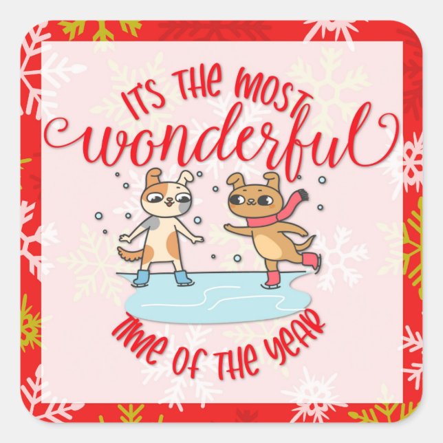 Cute Dog Christmas Most Wonderful Time Red Square Sticker (Front)