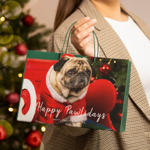 Cute Dog Christmas Photo Holiday Pawlidays Green Large Gift Bag