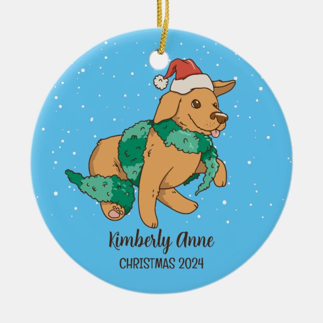 Cute Dog Christmas Puppy Snow Winter Holiday Ceramic Tree Decoration (Front)