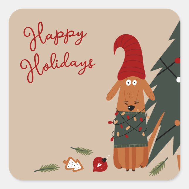 Cute Dog & Christmas Tree Mischief Square Sticker (Front)