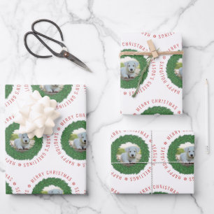Cute Dog Christmas Wreath Custom Pet Photo Wrapping Paper Sheet