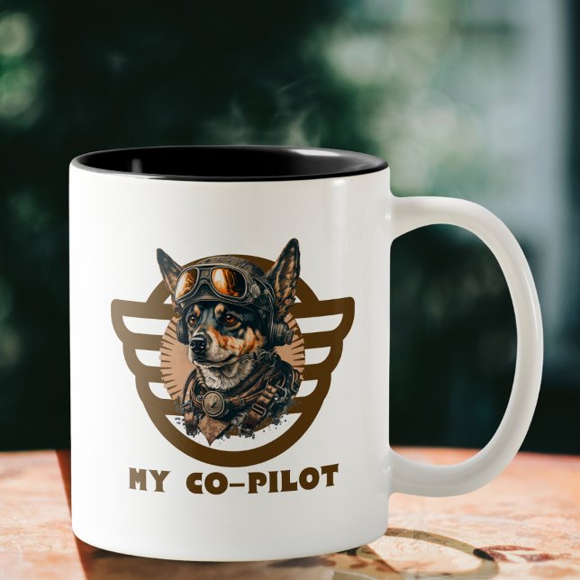 Cute Dog Co-pilot, Cool Pet Animal, Aviation Two-Tone Coffee Mug (Creator Uploaded)