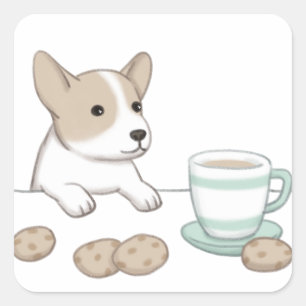 Cute Dog, Coffee & Cookies Illustration Square Sticker