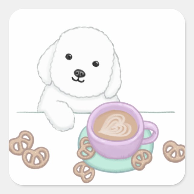 Cute Dog, Coffee & Cookies Illustration Square Sticker (Front)