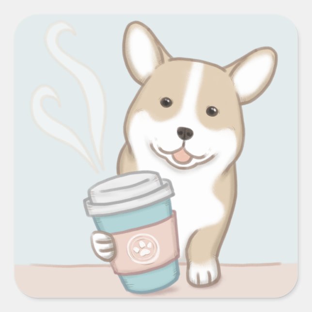 Cute Dog & Coffee Illustration Art Square Sticker (Front)
